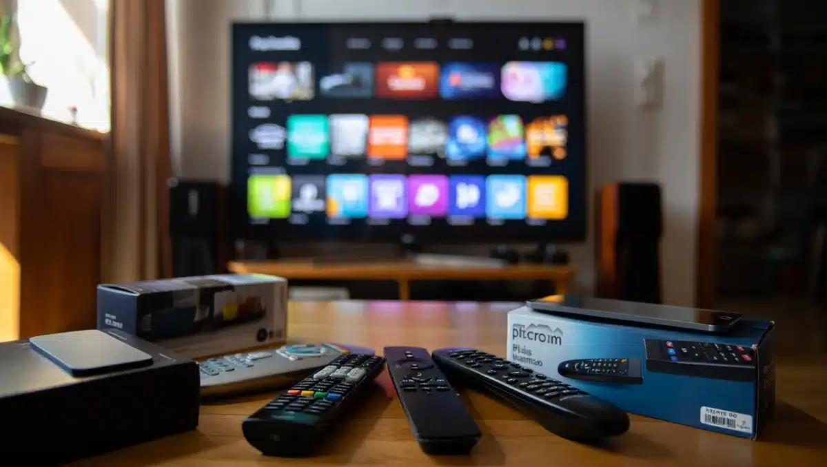 A living room with a smart TV displaying a streaming app interface, surrounded by remote controls and streaming device boxes, evening light through a window, the glow of the screen dominant
