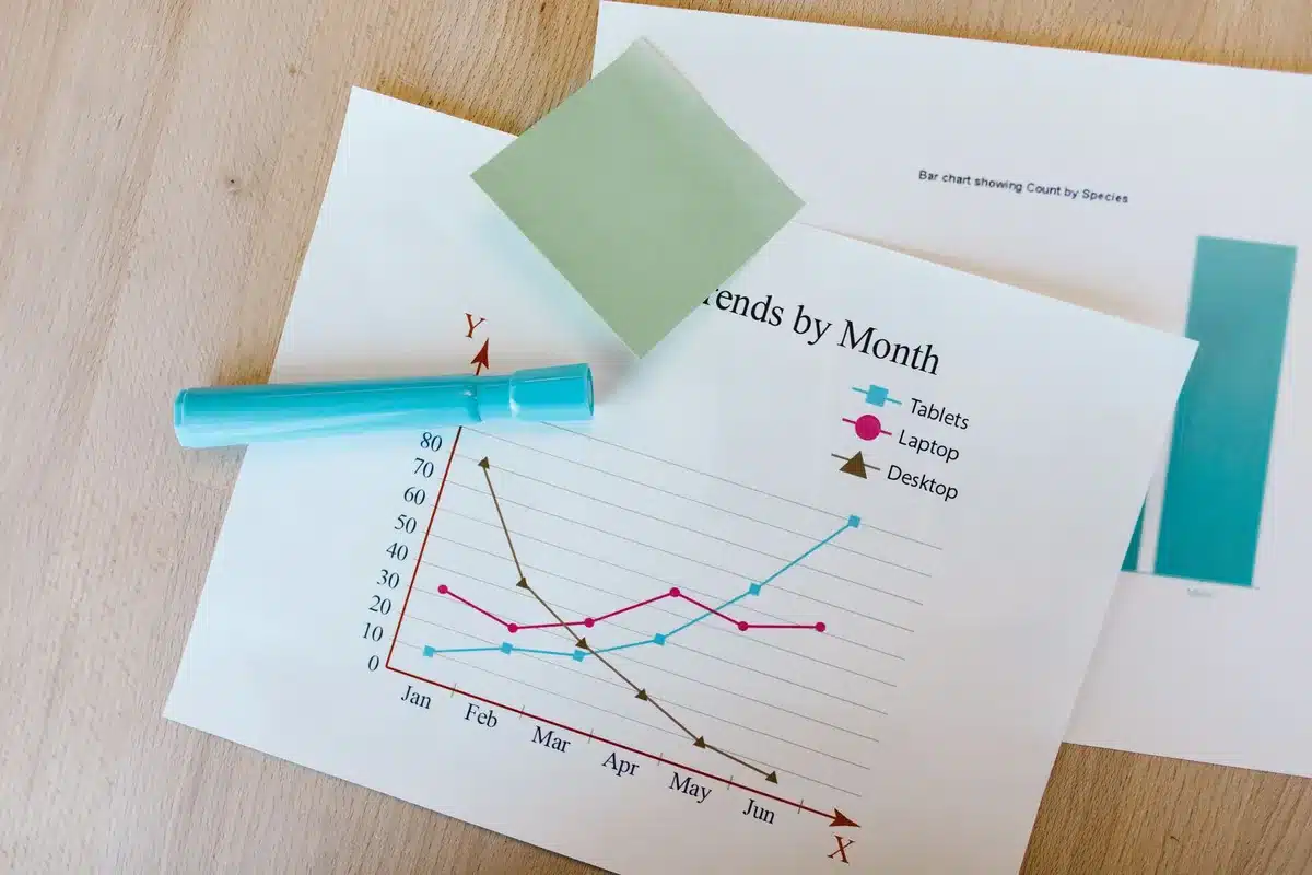 A split-screen visualization showing an upward trending line for streaming (in bright color) and a downward declining line for cable (in muted color), charts and graphs, digital display