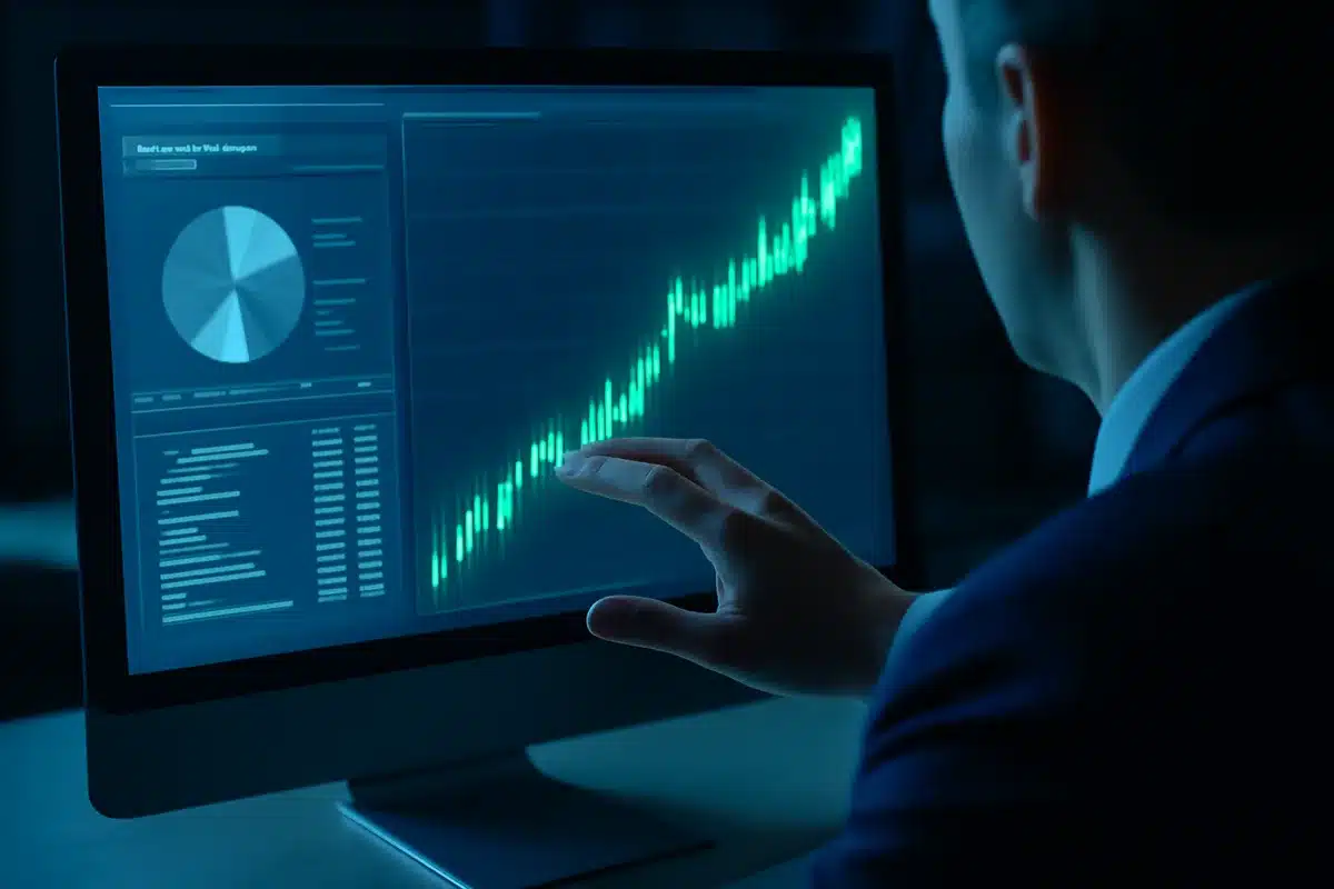 A professional trader's hand hovering over a glowing stock chart display, with ascending green candlestick patterns, portfolio allocation dashboard visible, and soft blue-tinted lighting reflecting off the screen | stock market trading screen