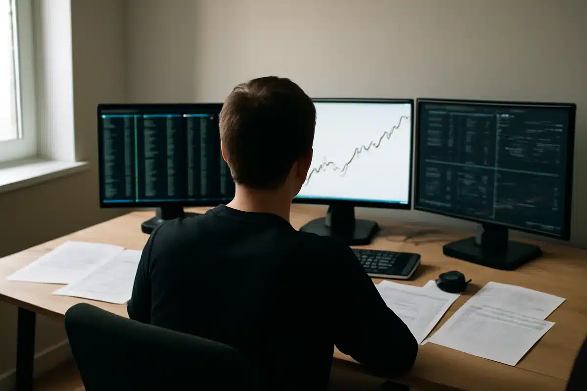 A minimalist trading desk with multiple monitors displaying financial data, one screen showing an upward-trending chart line, trading logs and profit-taking records scattered on the desk, soft natural light from a window | investment portfolio management