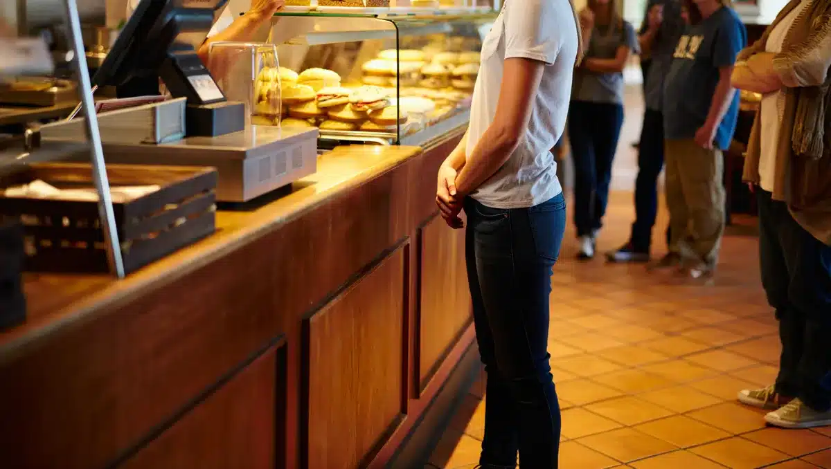 Mediterranean fast-casual restaurant counter with customer ordering at register, warm interior lighting | restaurant counter ordering queue