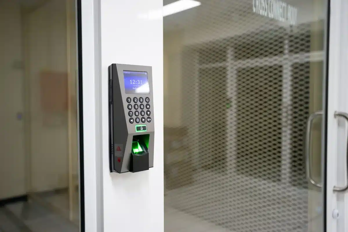 A modern airport customs hall with a single camera station under soft lighting, no travelers visible, sleek minimalist design, ready for facial recognition screening