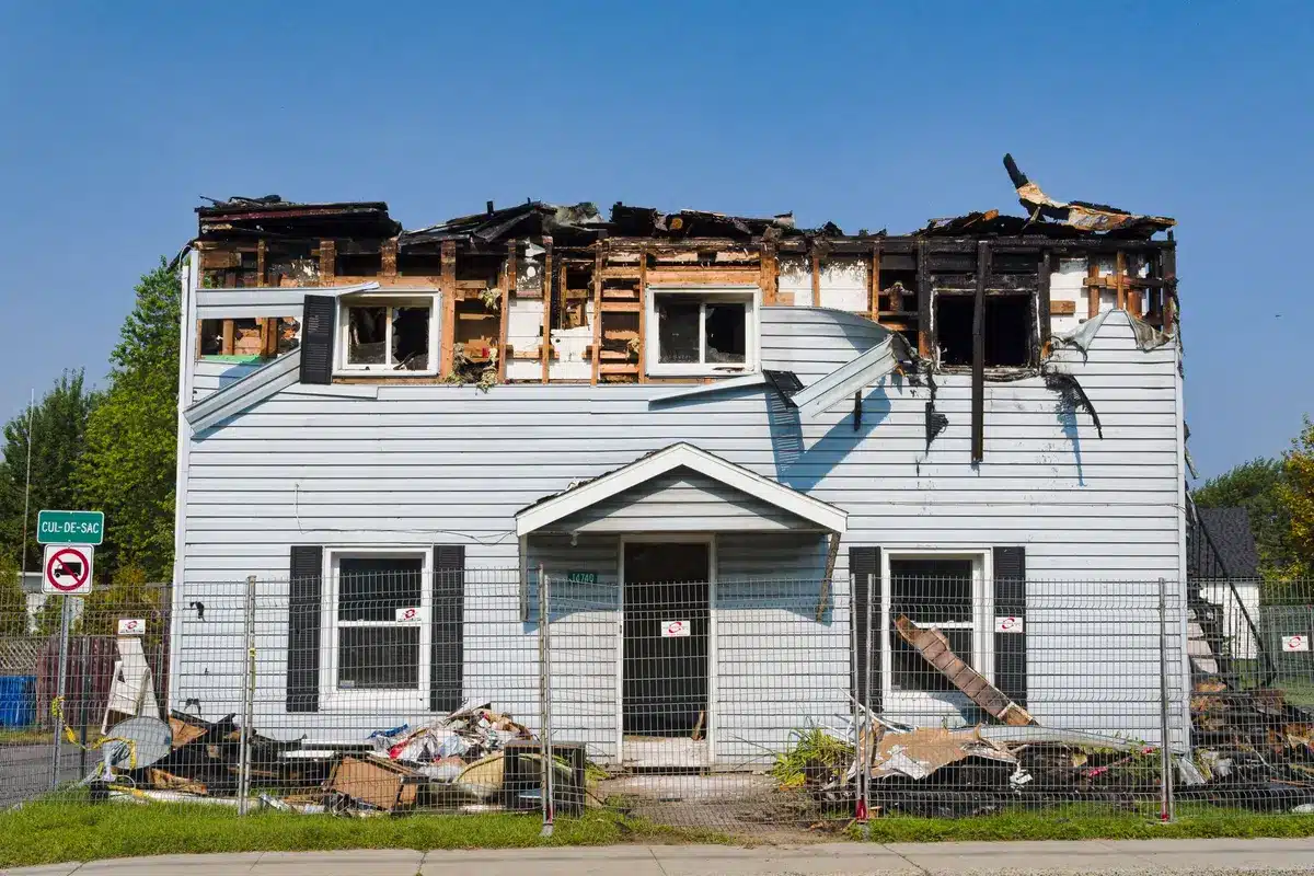 Residential building damage on an island coastline, debris scattered across a wide area surrounding a large crater, dust still settling, neighboring structures visible in the distance, showing the scale of impact.