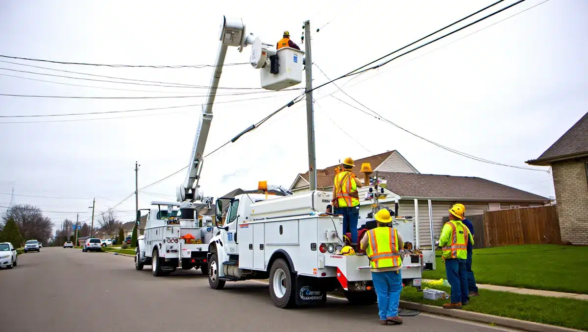 CenterPoint utility trucks and crews working on power restoration | utility company repair trucks