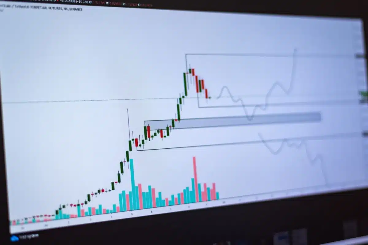 Stock market display showing red decline, candlestick charts on dark screen, sharp downward trend line