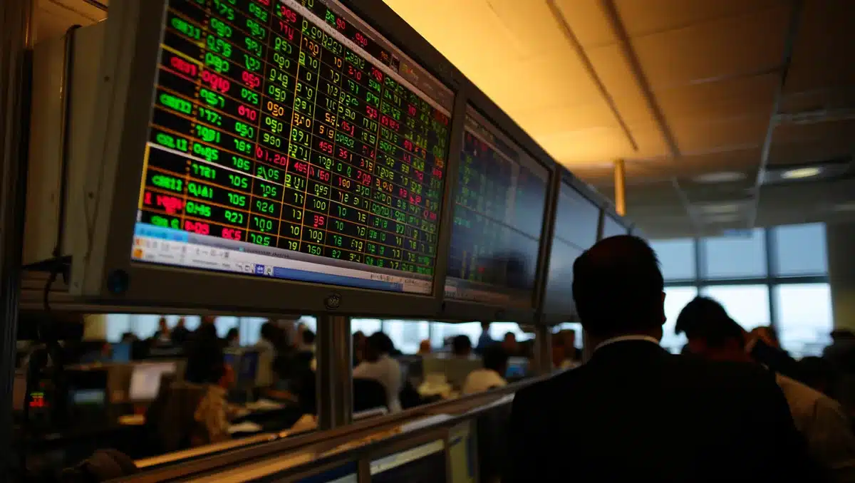 Stock market trading screen with green and red ticker symbols | stock market trading floor