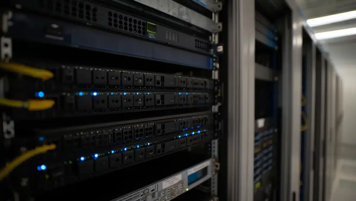 Cisco networking equipment in a data center with blue LED indicators | networking infrastructure equipment