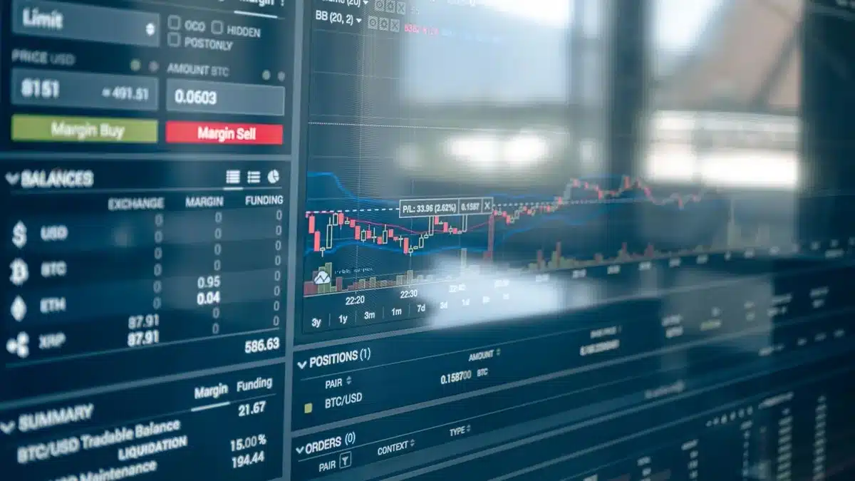 cryptocurrency trading floor with glowing screens displaying Bitcoin price charts, anonymous traders monitoring positions, tension and momentum in the room