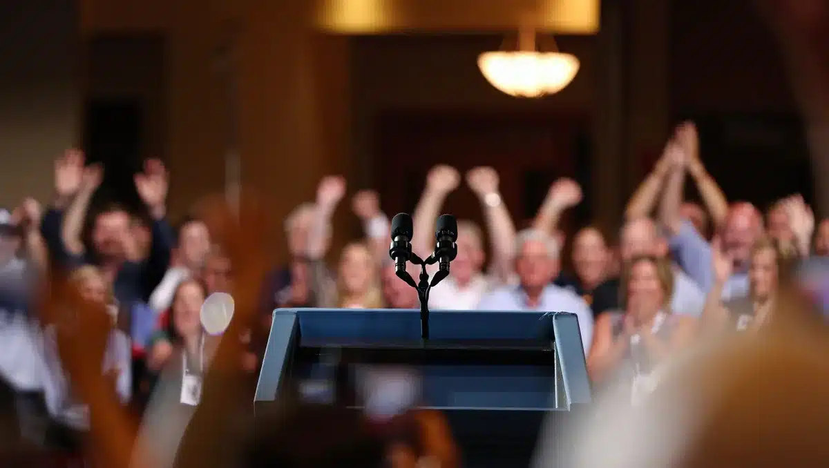 A campaign podium set on a stage in a convention hall, with anonymous delegates in the blurred background, cheering and raising their arms in support of a nominee announcement | campaign rally Maine convention