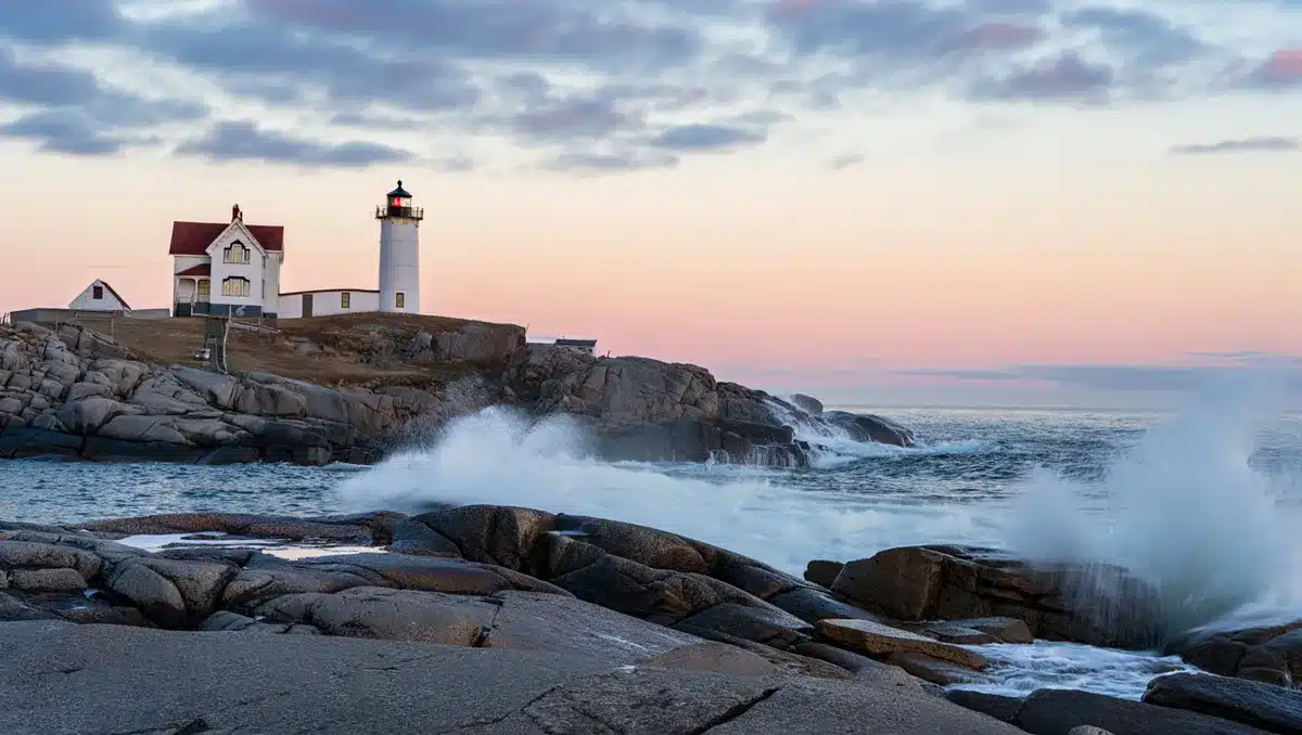 A sunlit Maine coastal landscape with a lighthouse standing on rocky shores, waves crashing below, symbolizing the state's political battleground | Maine lighthouse coastal scenery
