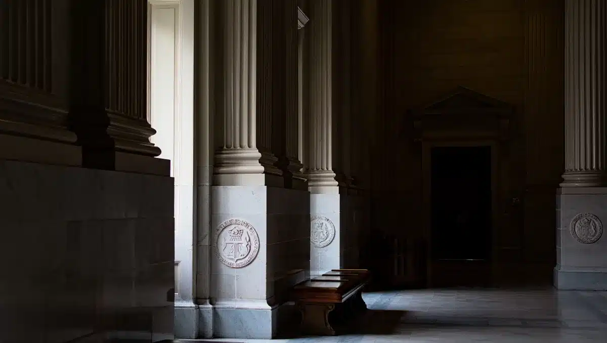An empty federal courthouse interior with tall columns and judicial seals, diffused sunlight through tall windows, a lone wooden bench in shadow, suggesting the weight of constitutional litigation | federal courthouse interior