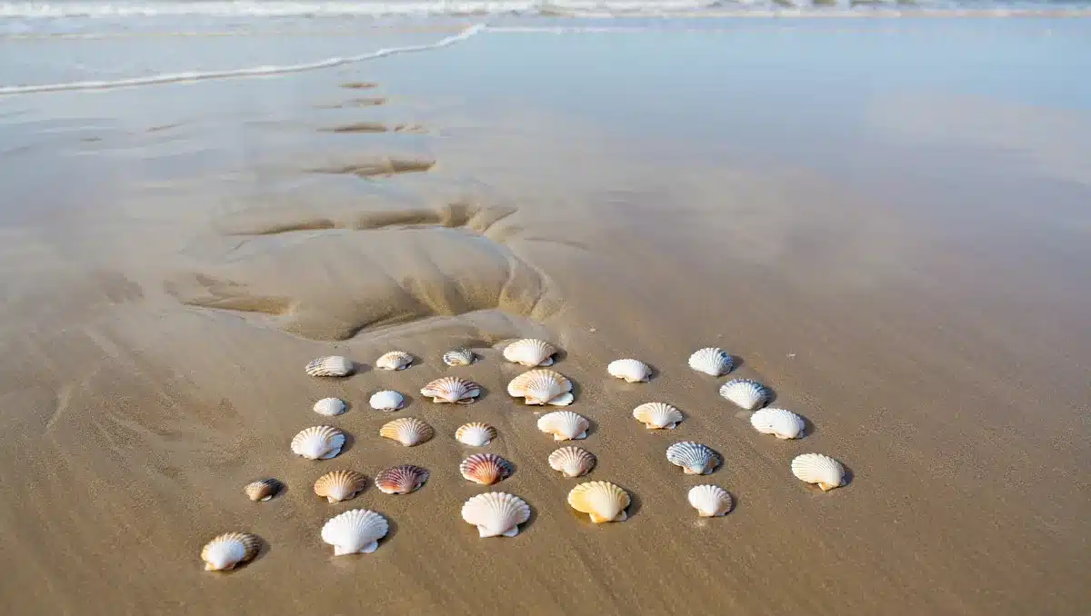 A photograph of seashells arranged on wet sand in numerical patterns, waves gently lapping at the shore, soft natural light, tide pools reflecting sky | seashells on beach sand