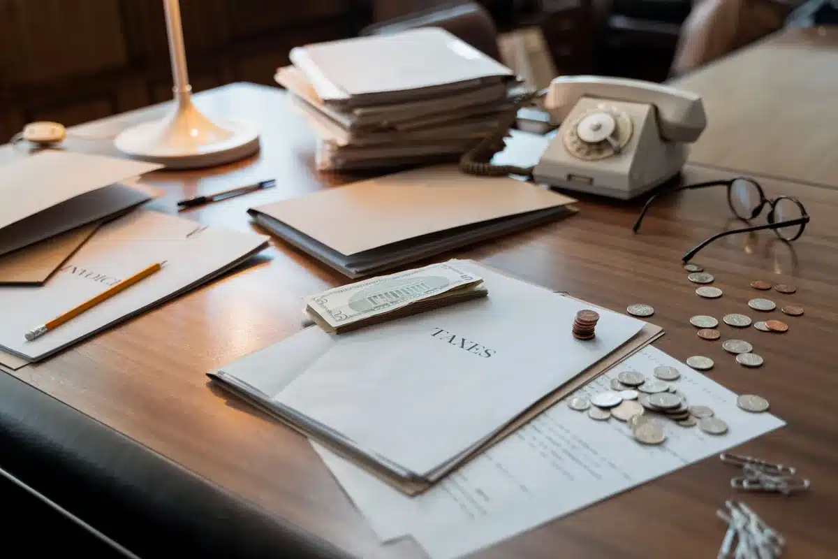 Stack of federal appropriations bills and budget documents on a desk with a gavel