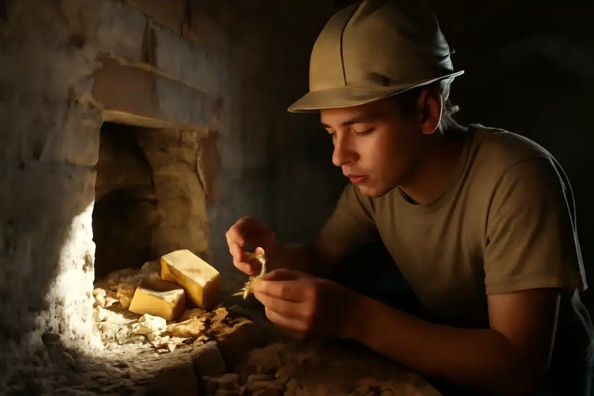 An 18-year-old construction worker in a hard hat carefully examines gold bars and coins emerging from a bricked cellar wall, dust and debris visible around the opening, morning light streaming into the underground space | construction worker gold discovery cellar