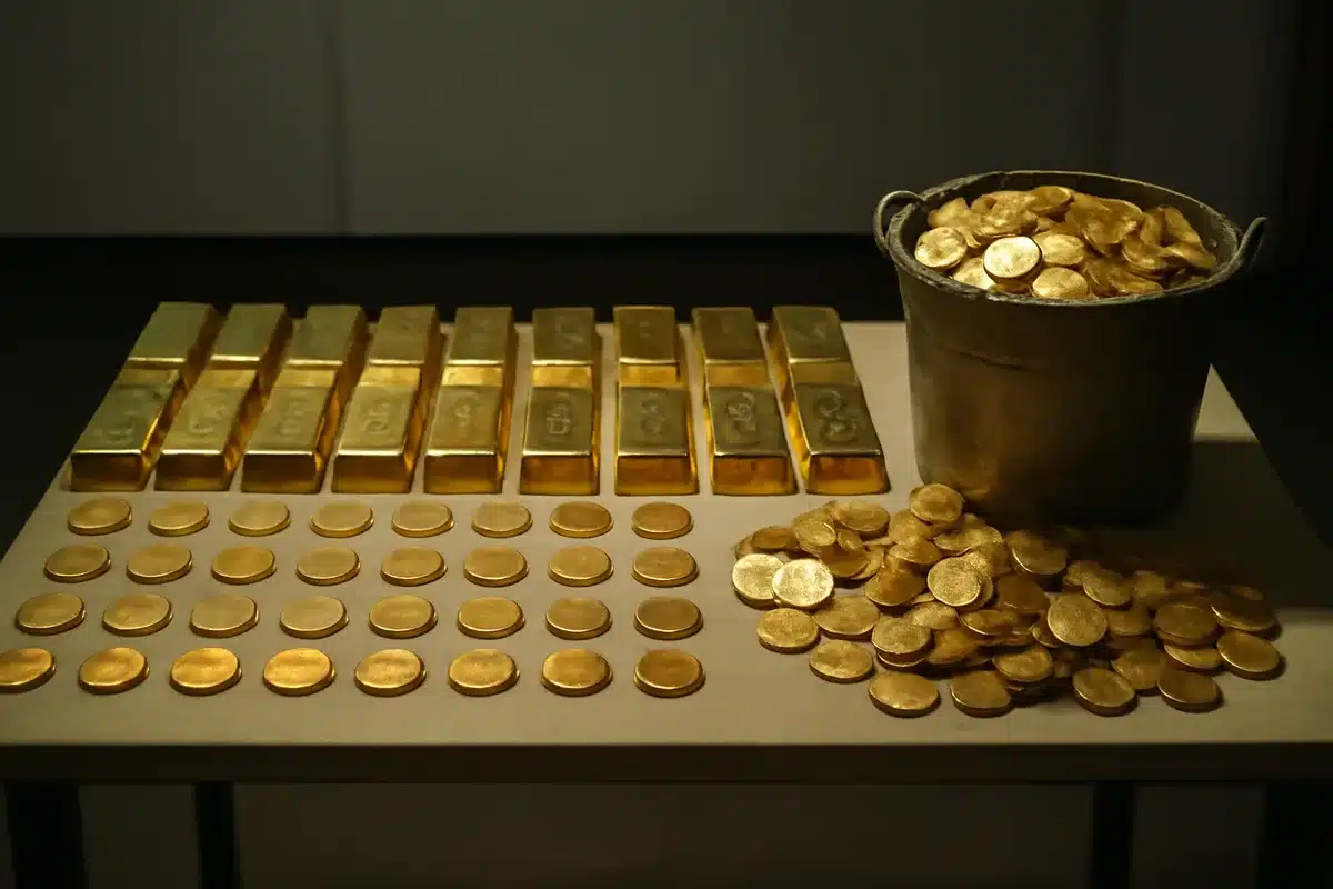 A table displaying dozens of gleaming gold bars and coins arranged in neat rows, a bucket overflowing with gold coins beside them, harsh museum lighting highlighting the wealth, no people visible | gold bars coins treasure hoard table