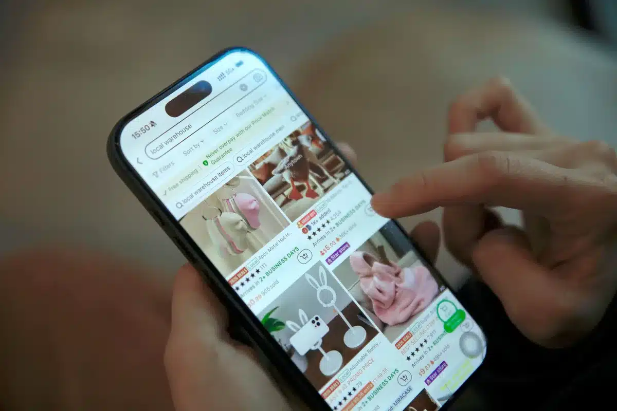 Phia app interface on smartphone screen showing shopping features, with a highlighted section showing affiliate commission settings and toggle switches