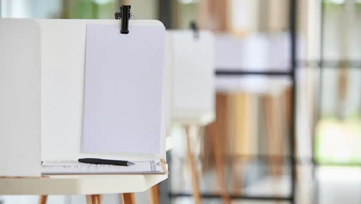 A voting booth interior with a blank ballot and pen, soft focus background showing a polling location, anticipation | polling booth
