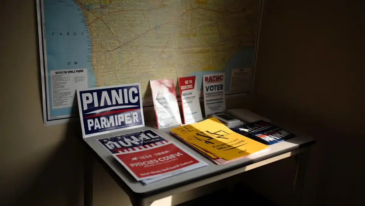 Campaign signs and voter materials displayed on a table, with a state map in background, neutral lighting | campaign materials table