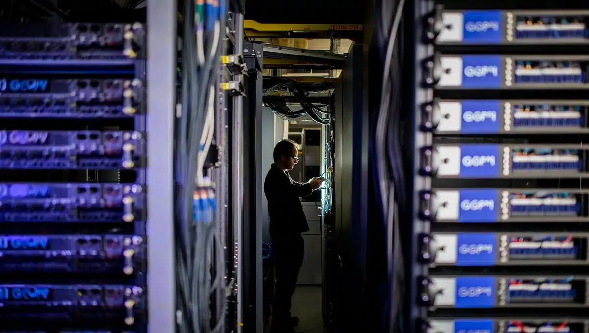 A modern data center interior with rows of GPU servers under blue and white lighting, stacked equipment racks stretching into the distance, cables and cooling systems visible, one technician in silhouette checking equipment | data center GPU servers AI infrastructure
