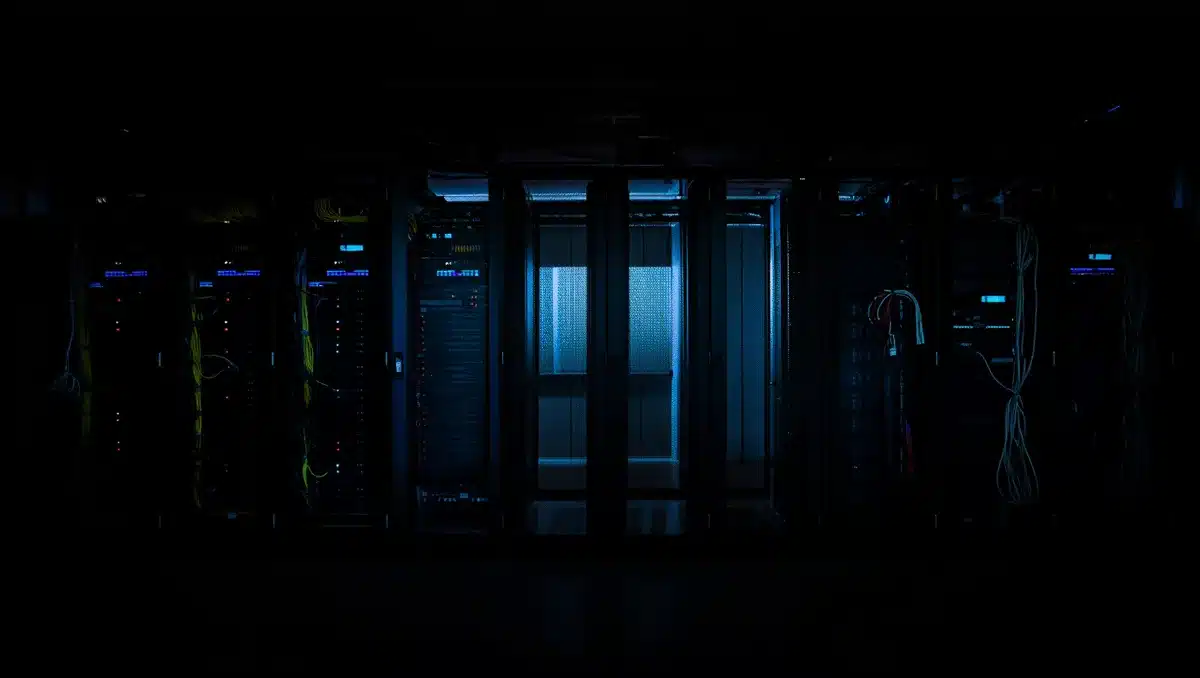A data center filled with rows of illuminated server racks and GPU clusters, cables neatly organized, blue and green indicator lights glowing in the darkness | data center GPU infrastructure