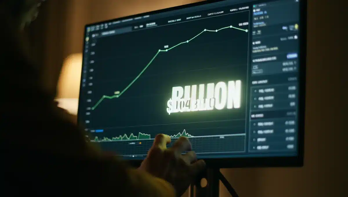 A financial dashboard showing upward-trending revenue curves and a glowing backlog figure of $104 billion displayed prominently on a dark monitor | stock market growth chart
