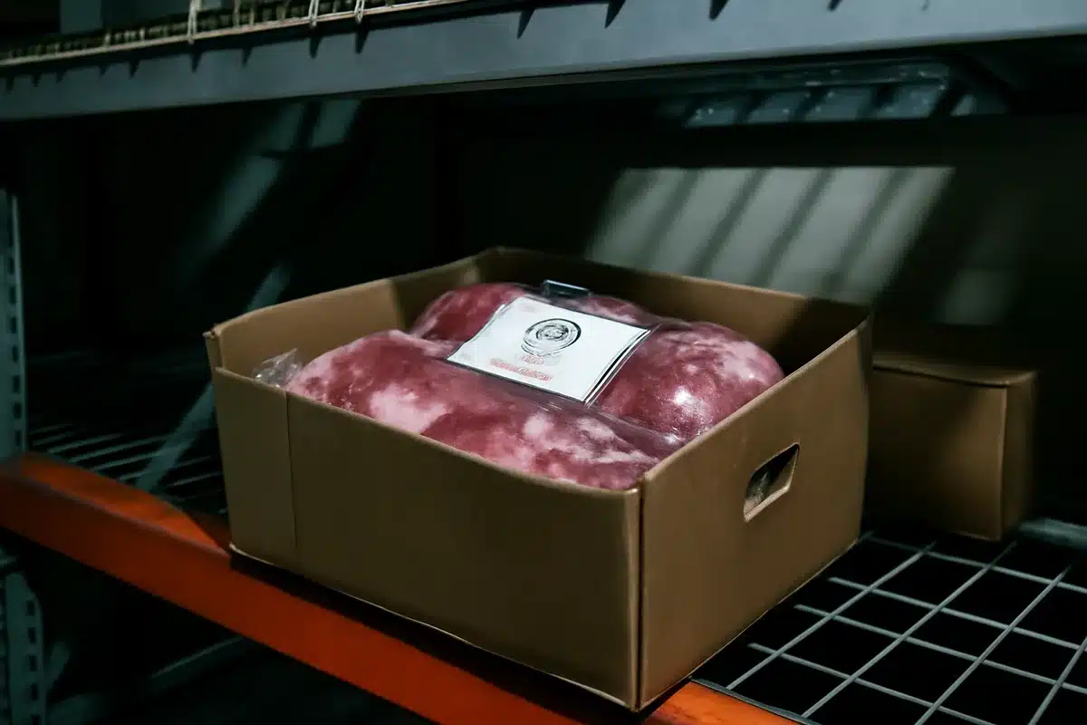 A cardboard box of imported raw beef on a warehouse shelf, establishment marking visible on the label, fluorescent overhead lighting casting sharp shadows, cold storage environment suggesting regulatory oversight — food safety