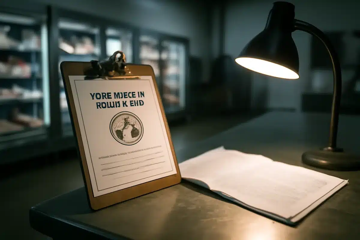 A USDA food safety inspection badge or certificate displayed on a clipboard in a meat processing facility, with blurred refrigerated cases in the background, professional documentation under desk lamp — regulatory compliance
