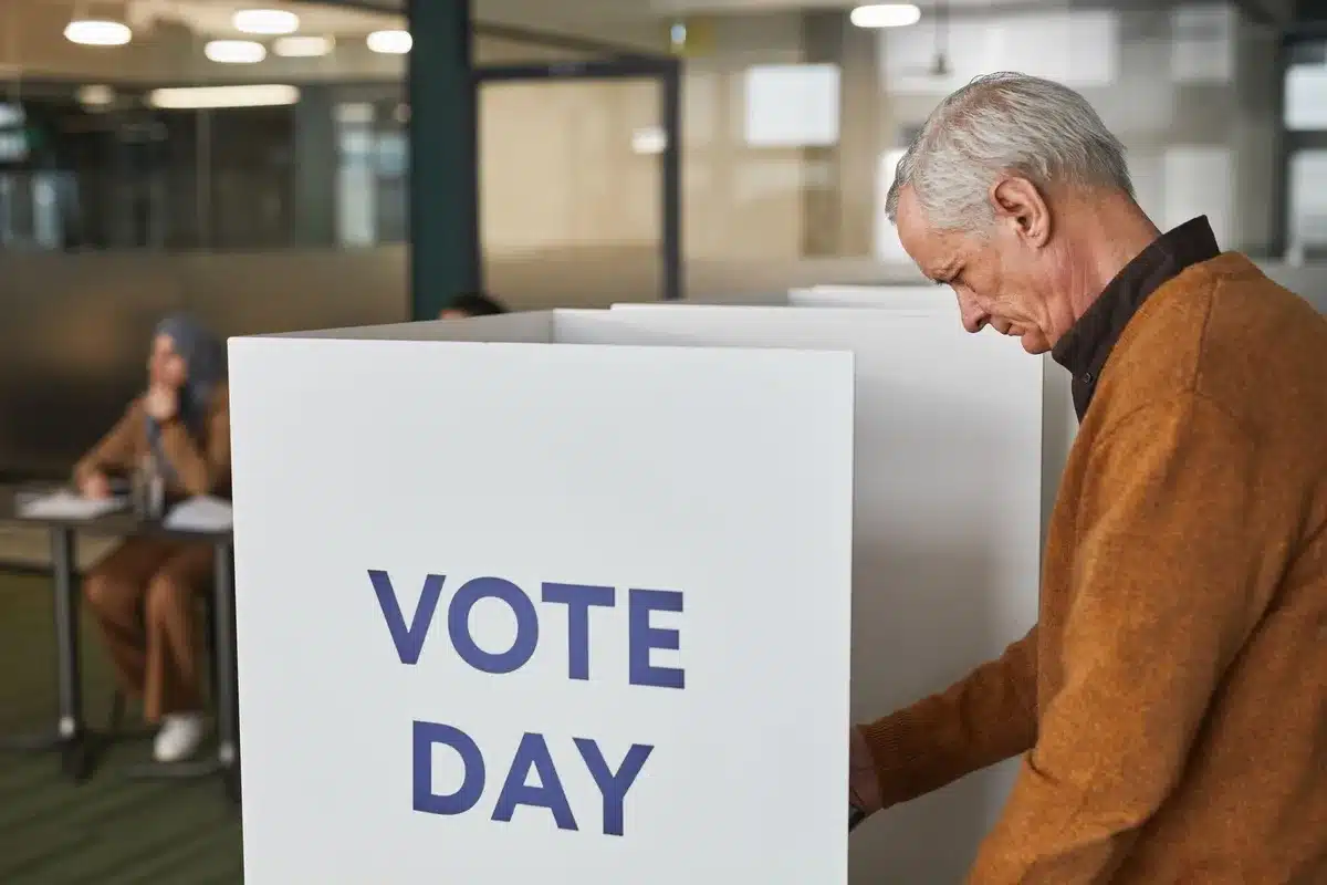 A crowded polling station interior with anonymous voters casting ballots, voting booths visible, focused expressions on anonymous faces, civic participation atmosphere