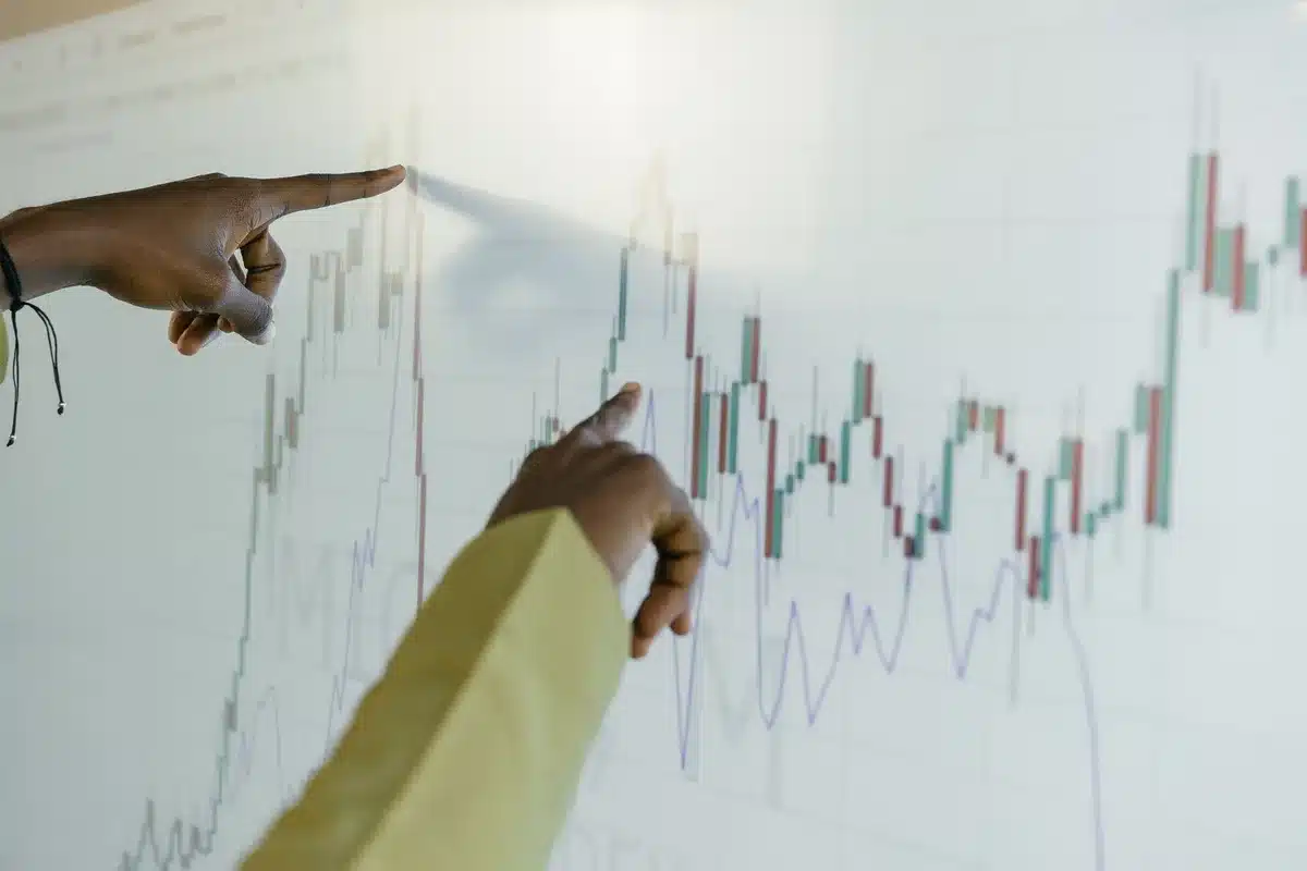 A stock market ticker displaying inflation data and economic indicators in real-time on a digital screen, numbers in white and red against dark background, focus on percentage changes