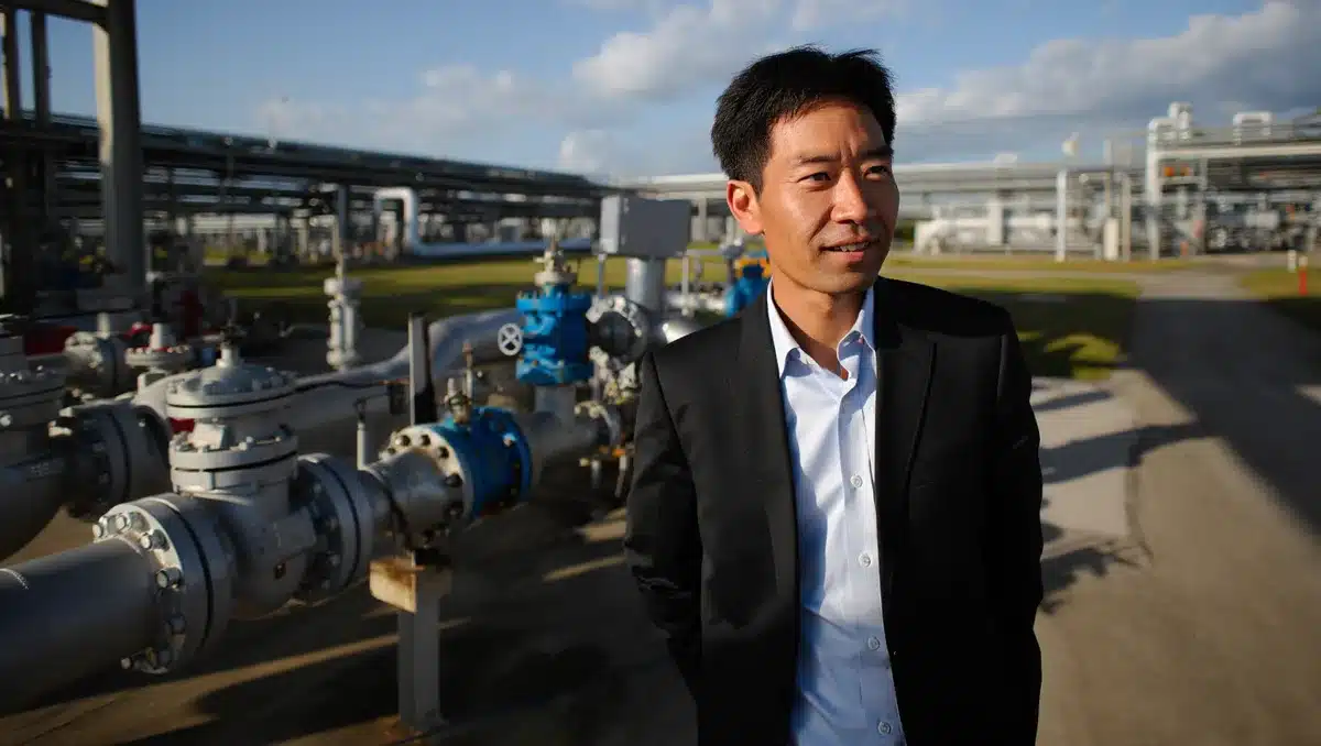 Industrial gas facility with pipes and equipment in an industrial park setting | industrial gas production facility
