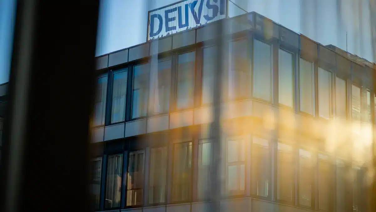 A modern government office building facade with large glass windows reflecting afternoon sunlight, a subtle Democratic blue banner barely visible, clean minimalist architecture &mdash; authority.