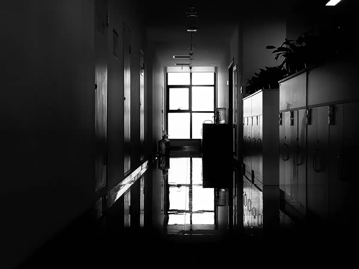 White House corridor with a single chair outside an ornate door, soft lighting, empty hallway