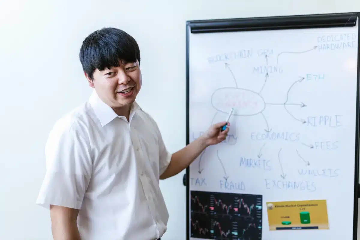 Financial advisor in a studio setting discussing economic charts and data visualizations on screens, serious expression, professional attire