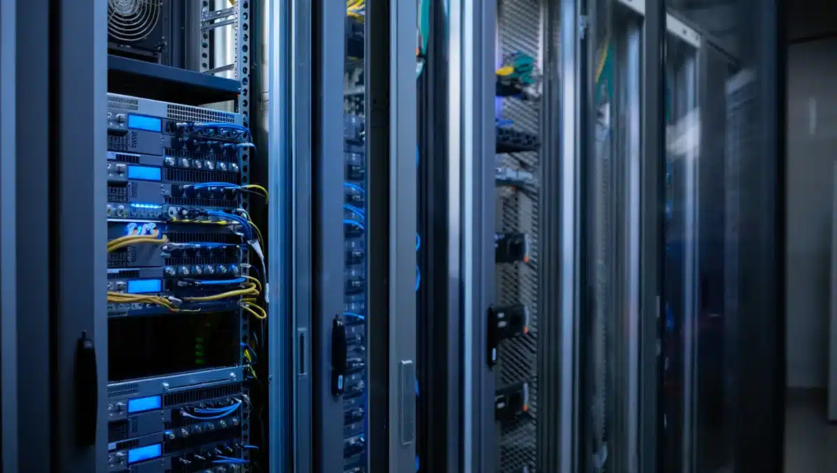 Data center server racks illuminated with blue LED lights, rows of equipment with cooling systems, cables organized in neat bundles, technical infrastructure | data center infrastructure