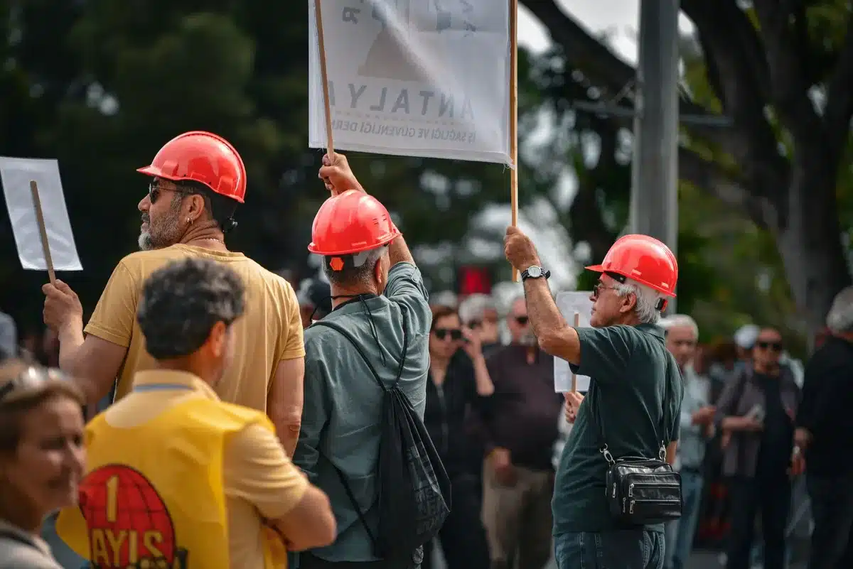 A diverse group of activists at a political rally, holding signs advocating for workers' rights and economic reform, with banners about healthcare and housing visible in soft focus