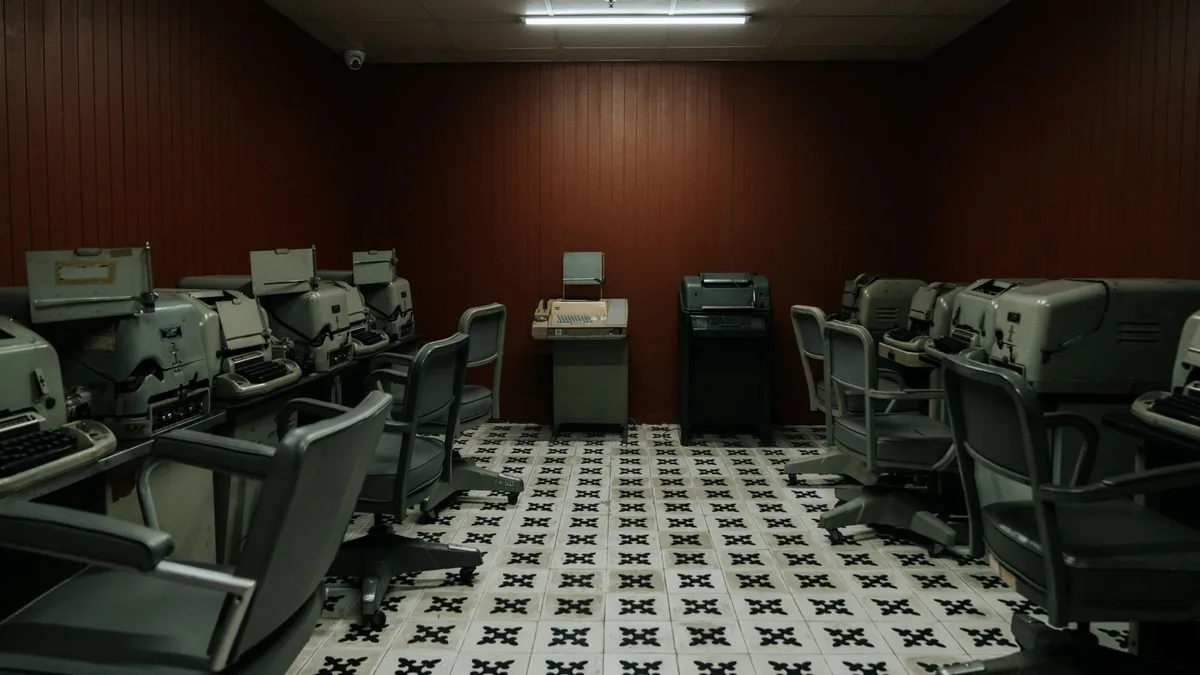 A federal office interior with empty desks and filing cabinets, soft fluorescent lighting casting long shadows, a single closed door in the background, conveying institutional solitude and the weight of oversight responsibility