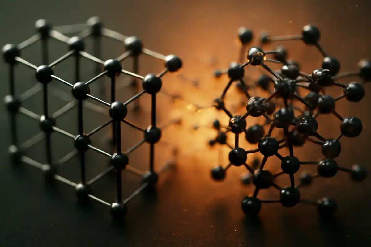 Cubic diamond crystal lattice transitioning to liquid carbon state, atomic bonds breaking and rearranging, molecular visualization of phase change, no text or labels