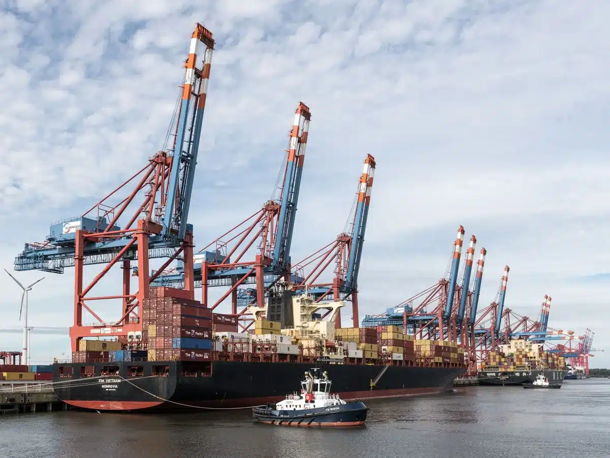 Cargo ships queued at a port terminal, containers stacked high, a few vessels visible in the distance on calm water, overcast sky, industrial waterfront scene
