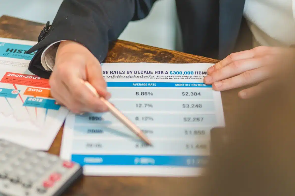 Mortgage paperwork with a calculator showing a high interest rate, pen resting on documents