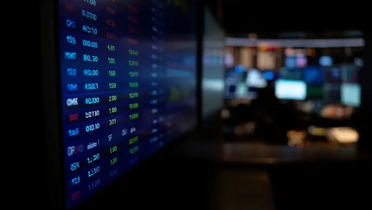 A glowing stock ticker displaying currency exchange rates and economic indicators in real-time, blue and green numbers on a dark screen, a financial data dashboard in soft focus behind the main display — power.