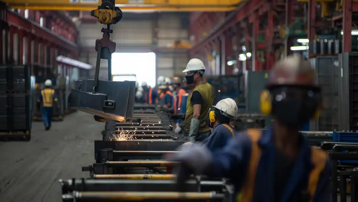 A factory floor with machinery in motion, workers in safety gear operating production lines, metal parts and components moving along conveyor systems, industrial lighting casting sharp shadows — power.