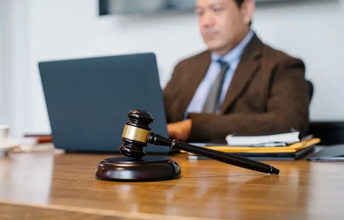 An attorney's desk with case files, a legal pad, and a gavel, soft natural light from a window creating a contemplative mood.