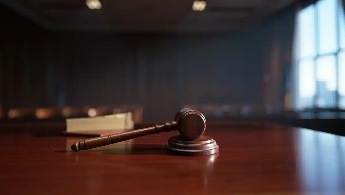 An empty boardroom with a single gavel on a polished desk under soft overhead lighting, a window showing a distant cityscape, regulatory documents blurred in the background &mdash; power.