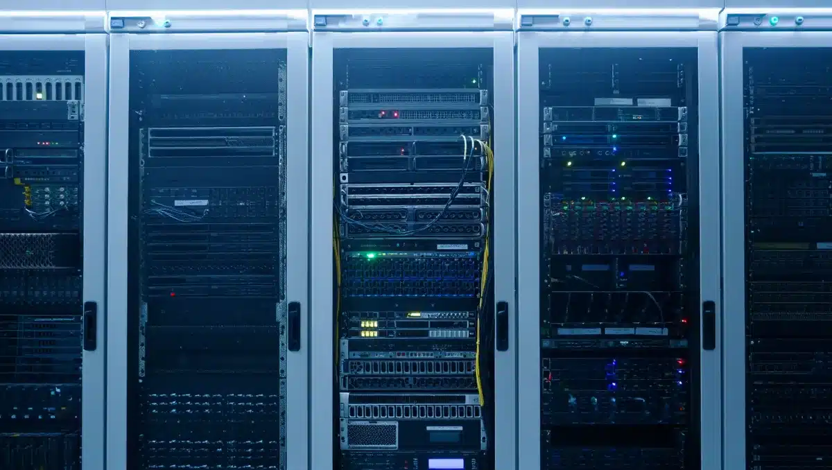 A row of server racks in a dimly lit data center, cooling systems humming, cables bundled neatly, a single indicator light blinking green &mdash; tension.