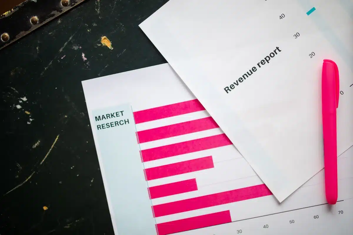 A close-up of a corporate earnings report document with financial charts and data, soft focus background, analytical pen nearby