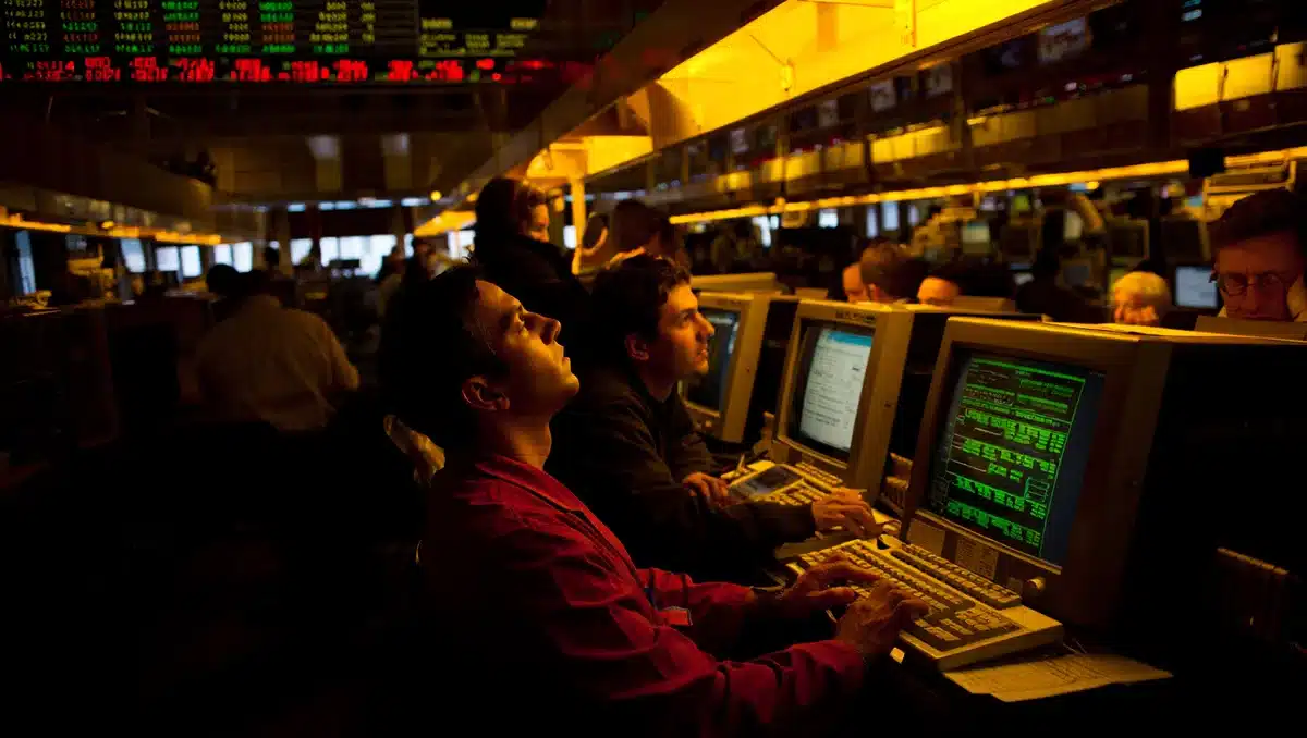 Stock market trading floor with glowing screens showing green numbers, traders monitoring indices, digital tickers displaying record highs, warm light reflecting off data terminals | stock market rally record highs