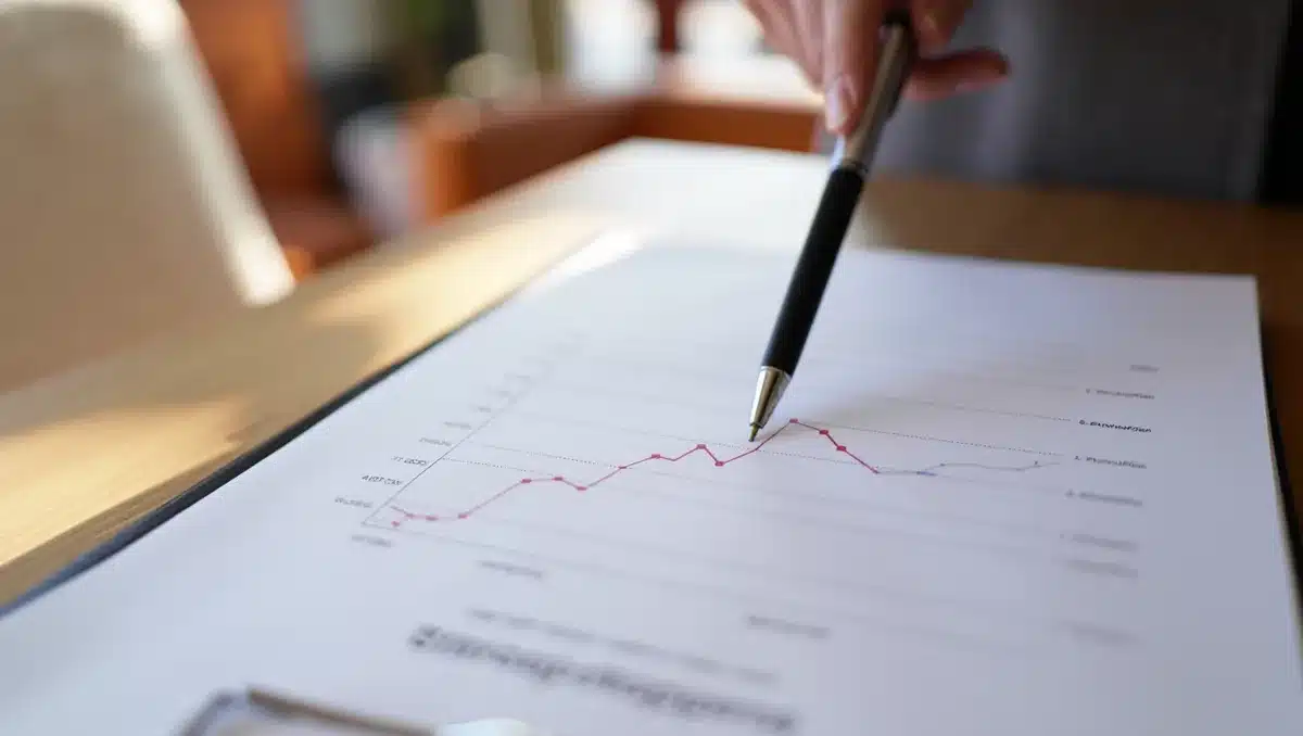 Corporate earnings report document on a desk with upward trending graph, pen marking positive figures, office setting with soft natural light | earnings report growth