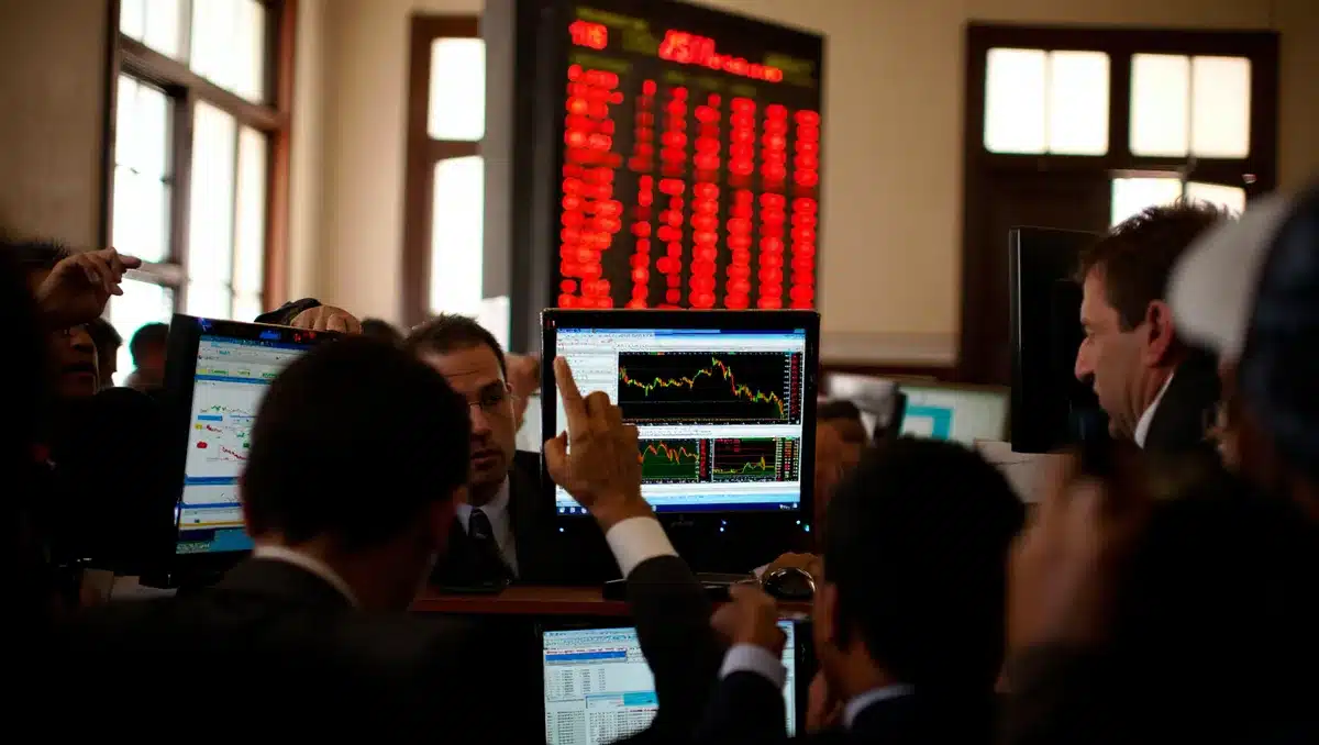 An oil price ticker board displaying climbing barrel prices in red, traders monitoring screens with charts showing upward curves, tension visible in a trading floor environment