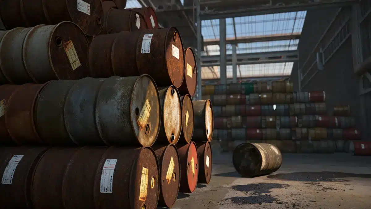 Oil barrels stacked in industrial facility | oil storage facility