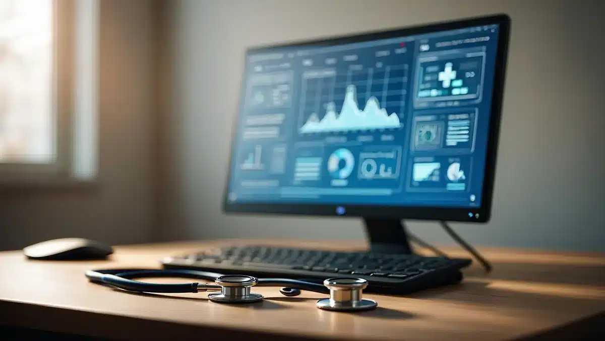 A glowing computer screen displaying healthcare data and AI interface elements, with a stethoscope resting nearby, symbolizing digital medicine innovation | healthcare AI technology adoption